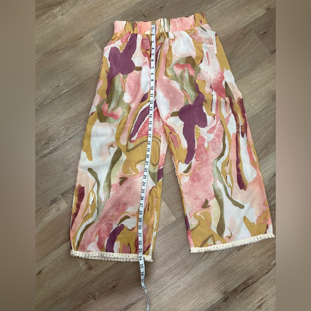 Umgee Women’s Wide-leg Pants with Abstract Print & Lace Trim & Pockets, Small